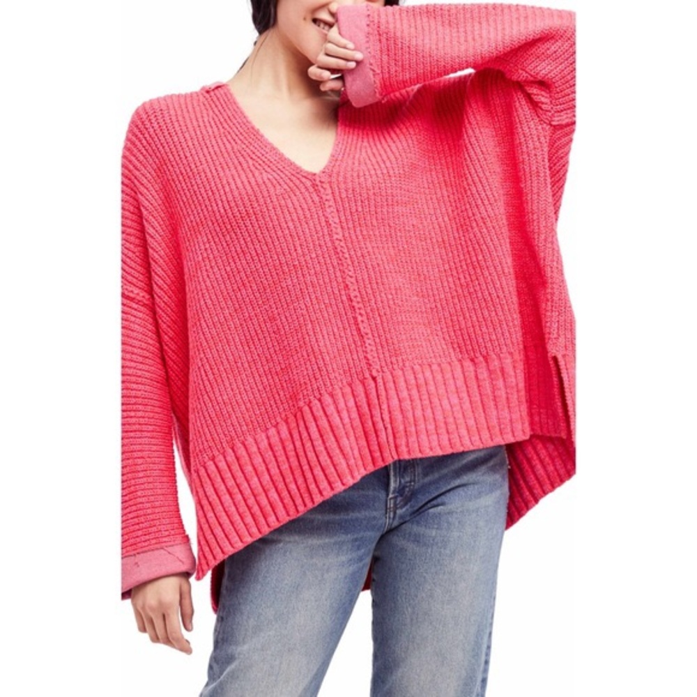 Free People Oversized Vneck Hot Pink Sweater
